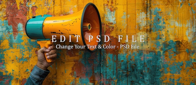 PSD orange and blue megaphone against a weathered wall