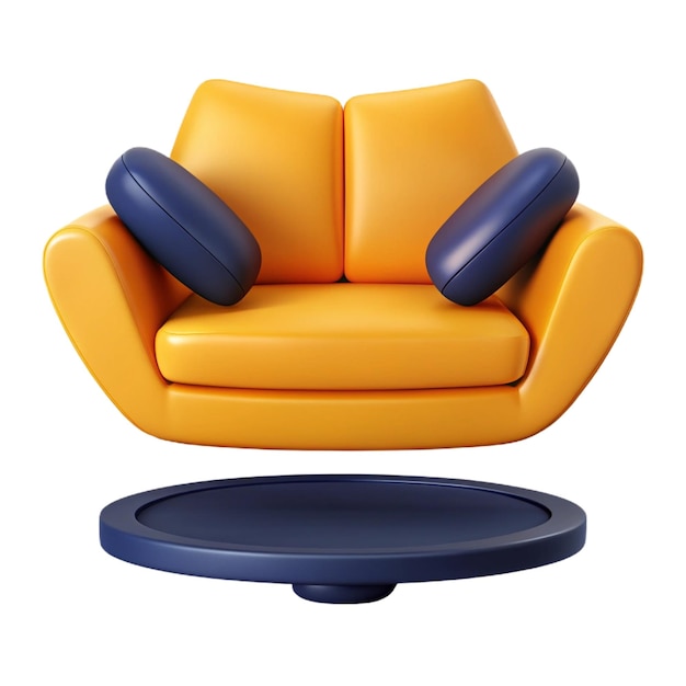 a orange chair with blue cushions and a round black base