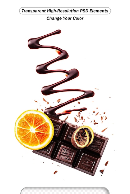 Orange in chocolate Dark chocolate splash with orange and droplets transparent background