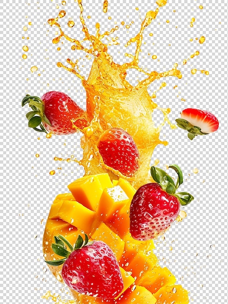 Orange Color Splash with Mango and Strawberry on White