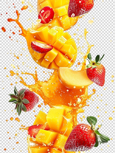 Orange Color Splash with Mango and Strawberry on White