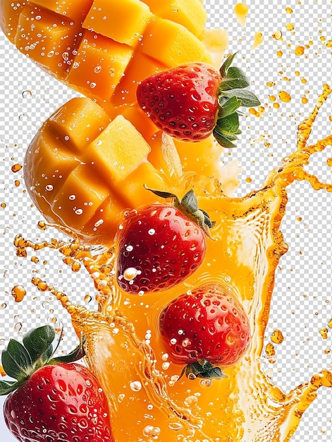 Orange Color Splash with Mango and Strawberry on White