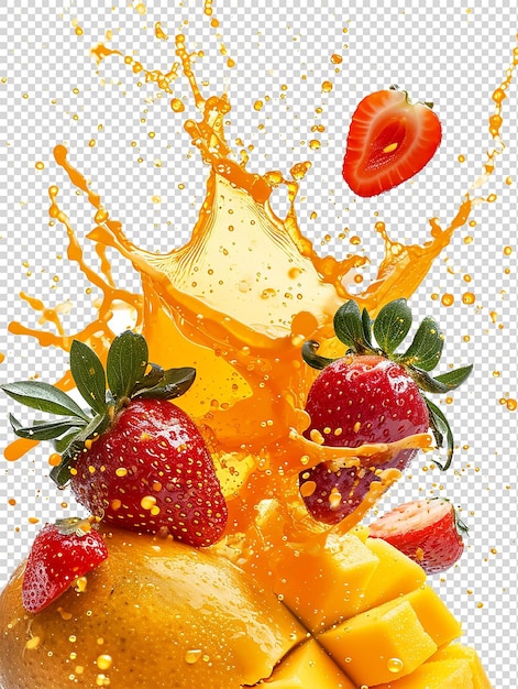 Orange Color Splash with Mango and Strawberry on White