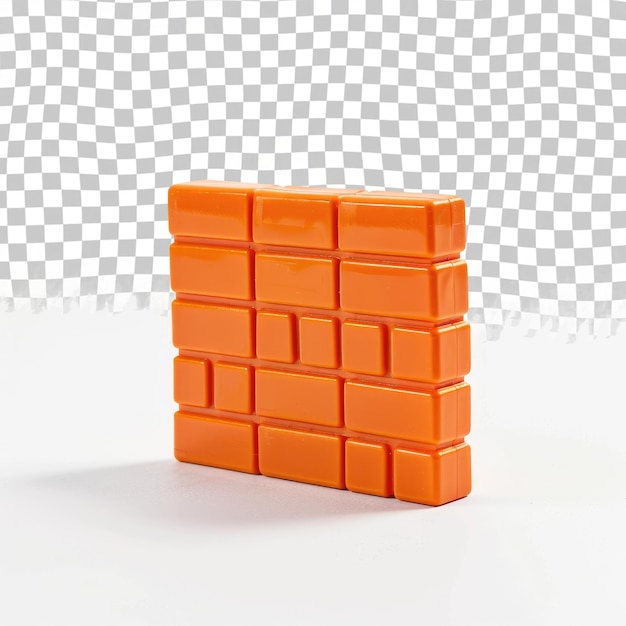 a orange cube made of bricks sits in front of a checkered background