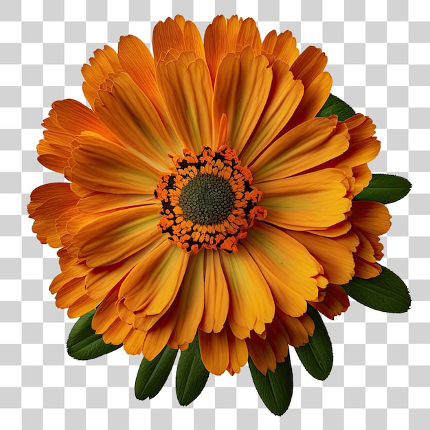 Orange flower with green leaves on a transparent background