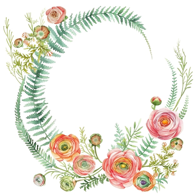 Orange flower wreath with green leaves and round buds Watercolor art AIG56