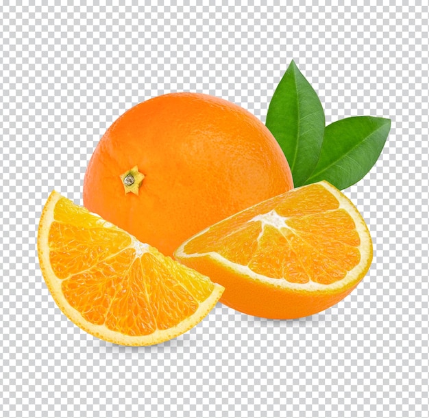 Orange fruit with orange slices and leaves isolated on white background premium psd.