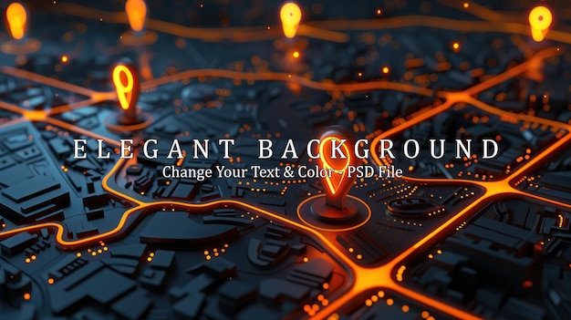 PSD orange glowing location pin on a futuristic city map