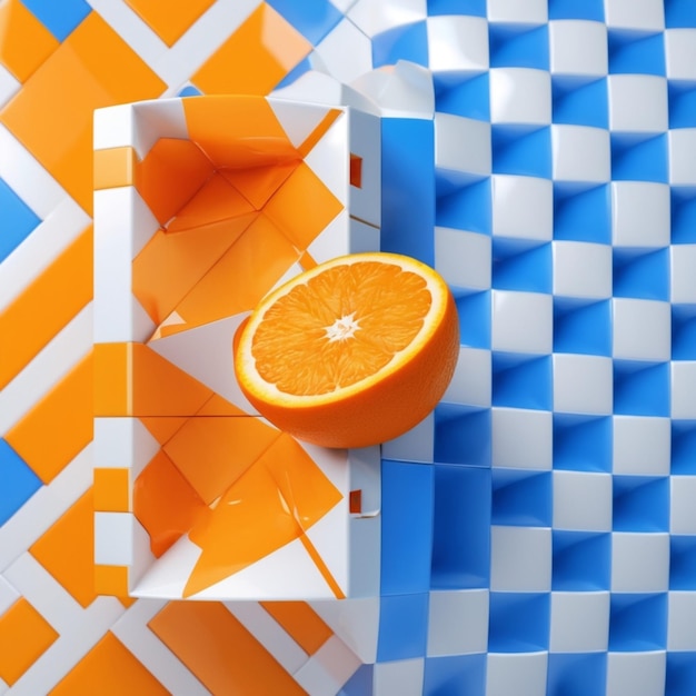 an orange is cut into half on a table with a blue and white checkered tablecloth