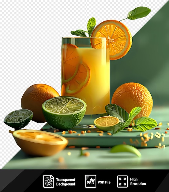 orange juice and allsorts fruit arranged on a table with a green plant and leaf in the background against a green wall png psd