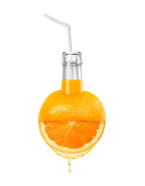 Orange juice bottle with straw on Orange fruit transparent background