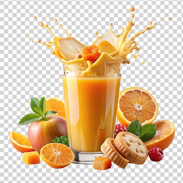 PSD orange juice of glass splash flying food isolated on transparent background