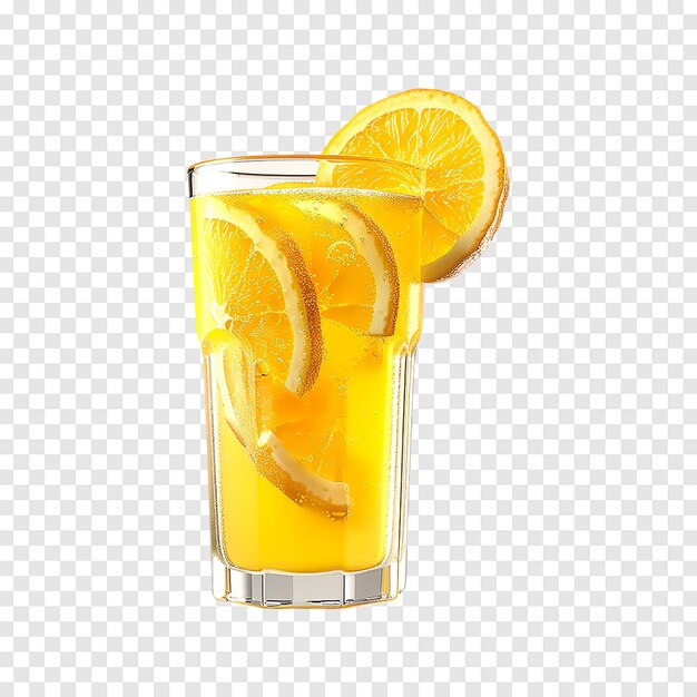 PSD orange juice with orange sacs and slices fruits isolated on a transparent background