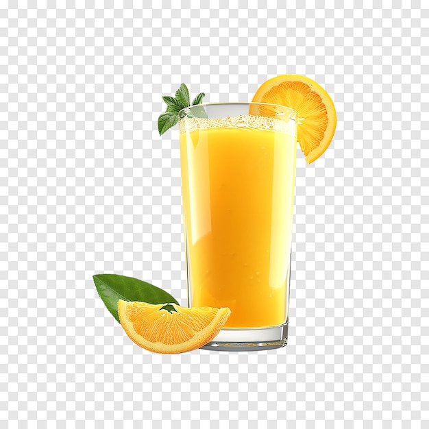 Orange juice with orange sacs and slices fruits isolated on a transparent background