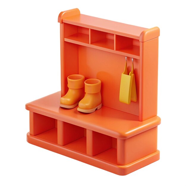 PSD a orange shelf with a yellow bag and boots on it