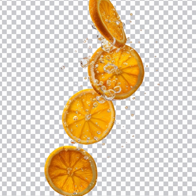 PSD orange slices are falling into the water with a transparent background