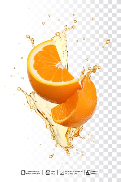 An orange splash with juice and orange juice on a transparent background