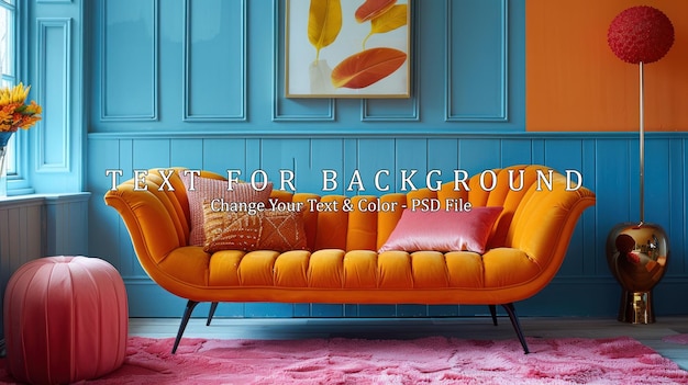 PSD orange velvet sofa in a brightly colored room