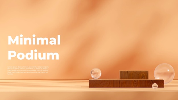 Orange wall and glass sphere, 3D render mockup template wood texture block podium in landscape