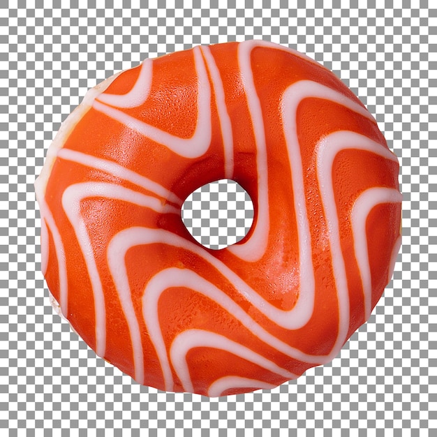 An orange and white donut with white stripes on transparent background