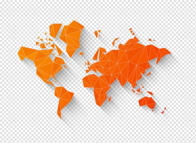 Orange world map shape made of polygons 3D illustration on transparent background