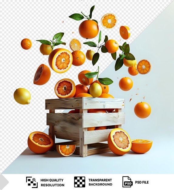 PSD oranges and lemons falling into a wooden crate with a transparent background