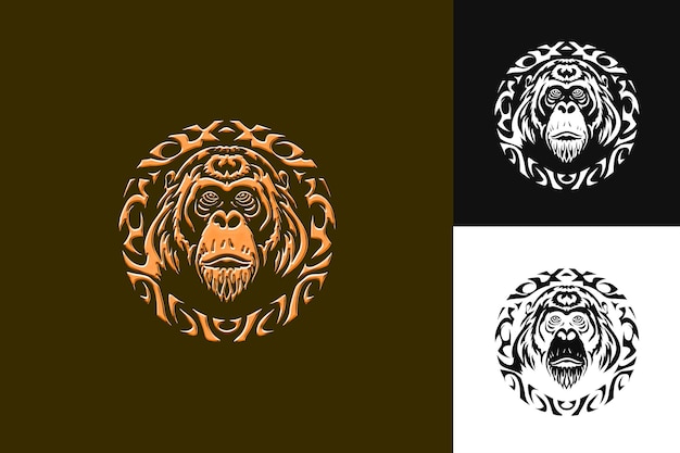 PSD orangutan icon muscular emblem with asian border mighty oran illustration animal vector art design