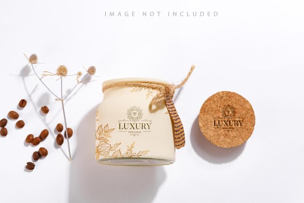 PSD organic craft soy candle with label, dry flower and coffee beans . mockup packaging