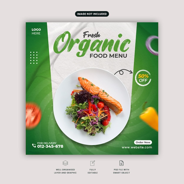 Organic food menu social media post. Fresh organic food menu template. Healthy food template with onion, tomato, capsicum. Natural healthy food menu. Fresh vegetable template with green background.