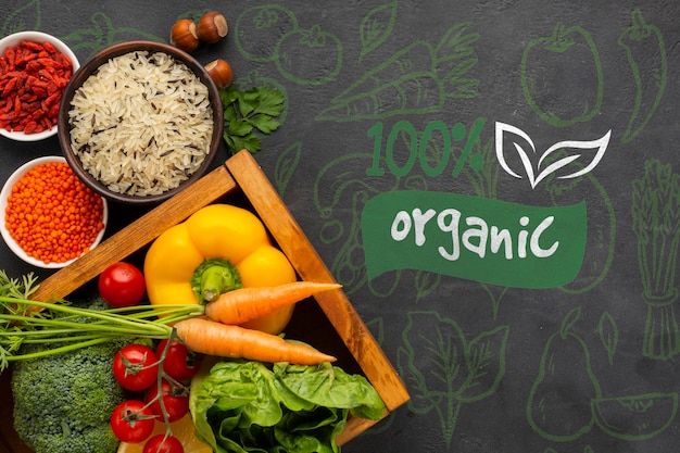 Organic food top view on a grunge background