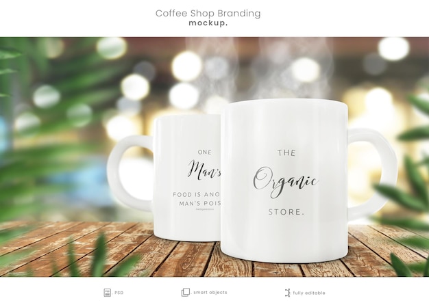 Organic Store Coffee cup mockup on wooden table