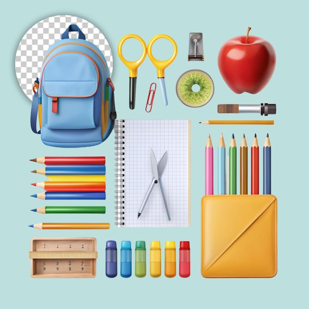 PSD organized school desk setup on transparent background