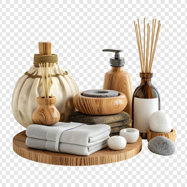 PSD oriental massage products and equipment including spa accessories isolated on transparent background