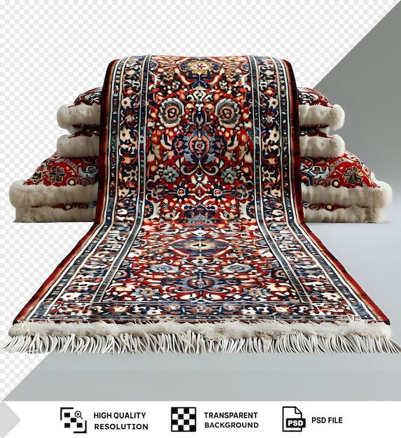 PSD oriental rug with intricate patterns placed on a stack of pillows against a transparent background