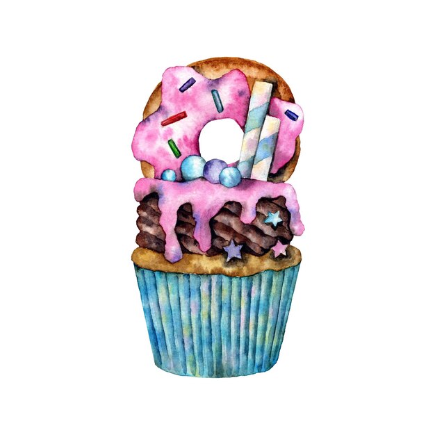 PSD original cupcake decorated with a glazed donut with pink icing and sprinkles and striped caramel