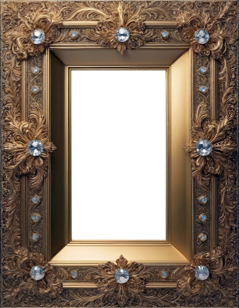 PSD ornamental frame made of polished gold and precious gemstones realistic oil painting style heavy rectangular shape floral motif diamonds