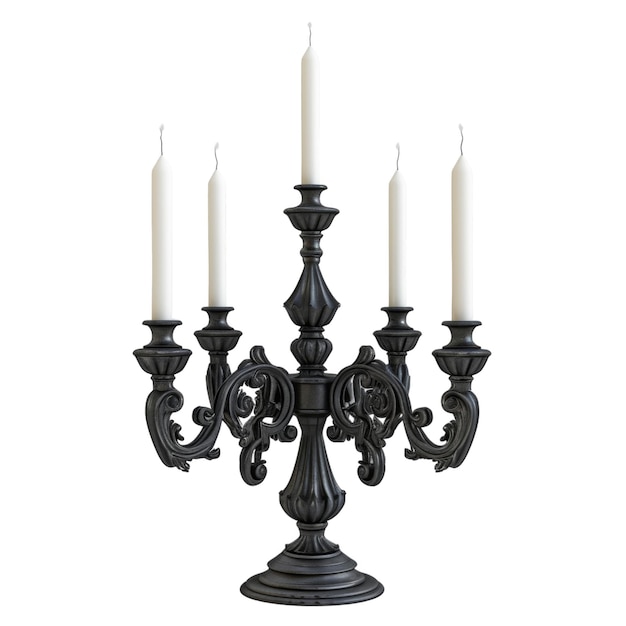 PSD ornate black candelabra with five white candles