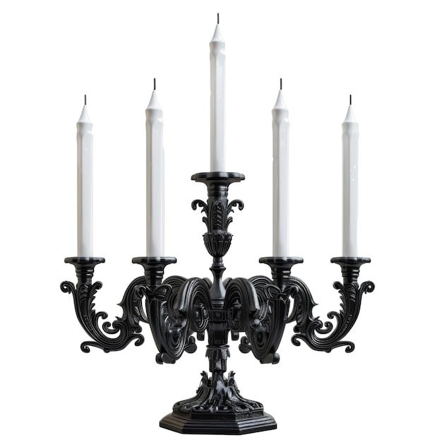 Ornate Black Candelabra with Five White Candles