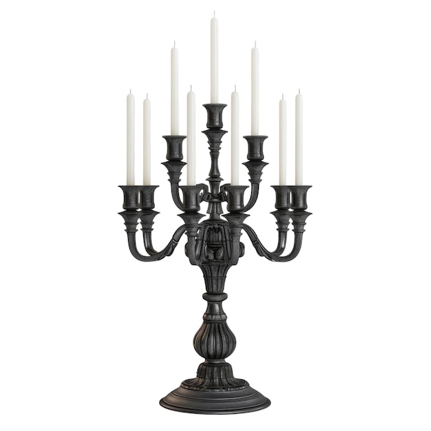 Ornate Black Candelabra with Seven White Candles