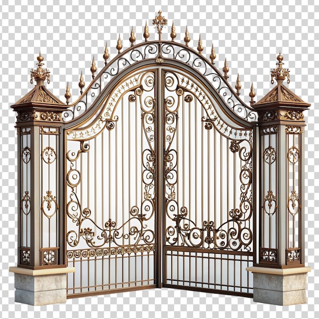 PSD an ornate iron gate with a brick wall behind on transparent background