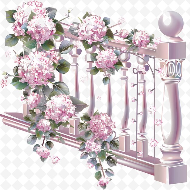 PSD ornate railing adorned with twinkling lights and hydrangeas png natural inspired flat borderline