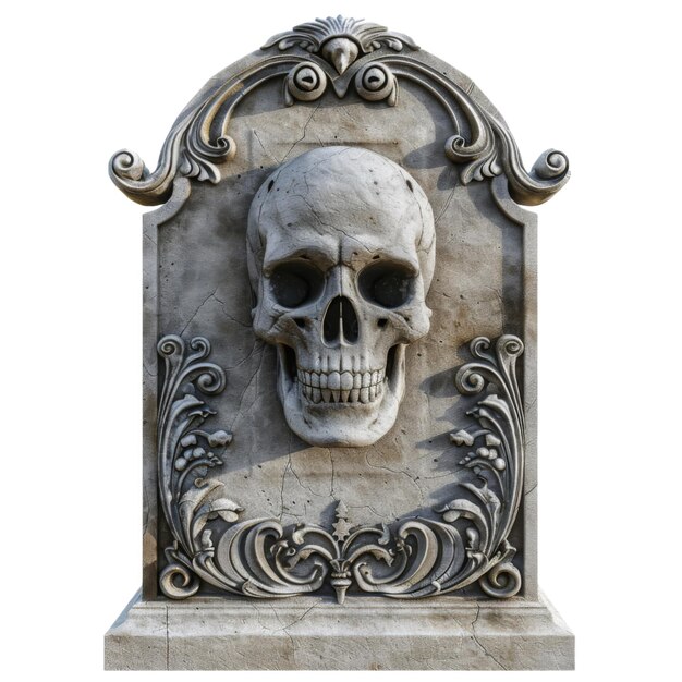 PSD ornate stone tombstone with carved skull