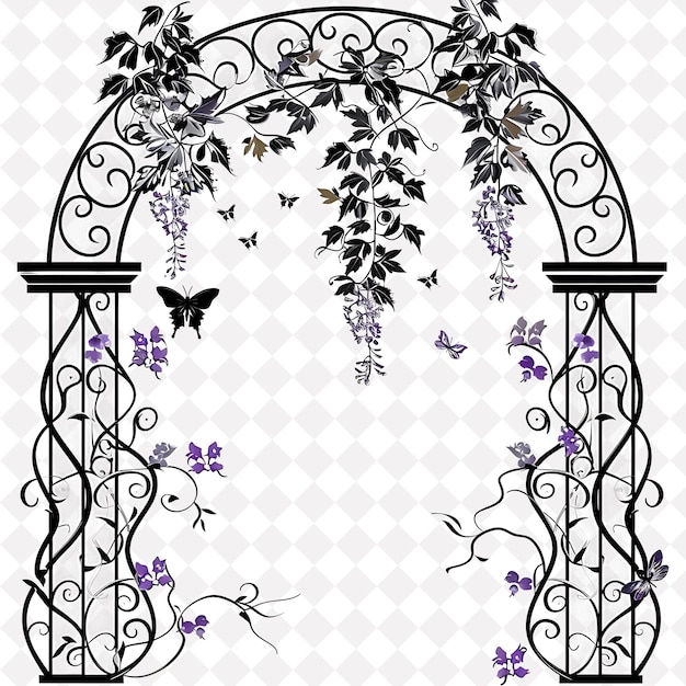 PSD ornate trellis built from wrought iron featuring wisteria an outline natural decorative design