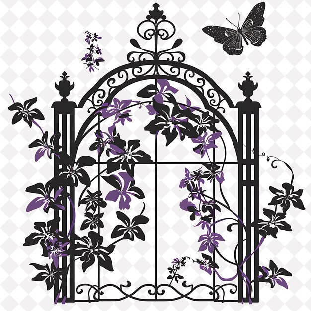 PSD ornate trellis built from wrought iron featuring wisteria an outline natural decorative design