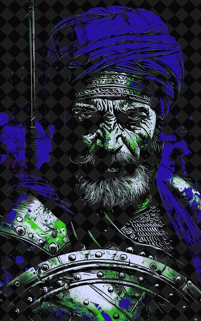 PSD ottoman warrior portrait with turban and chainmail holding a png illustration character designs