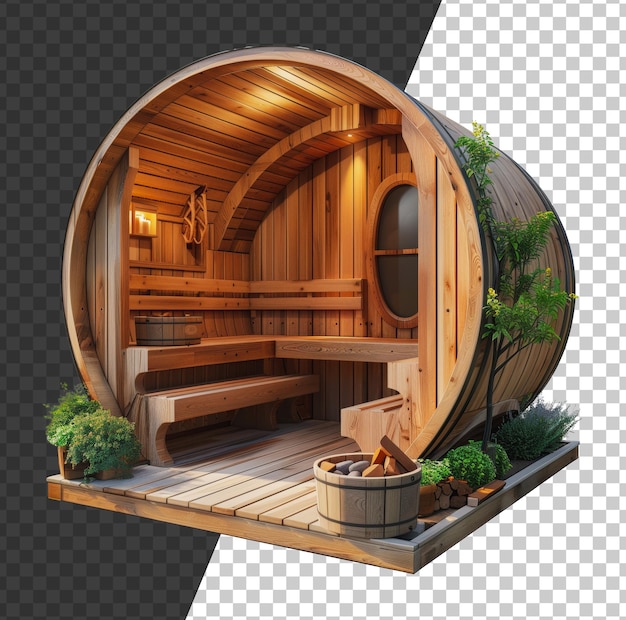 Outdoor barrel sauna with greenery cut out stock png