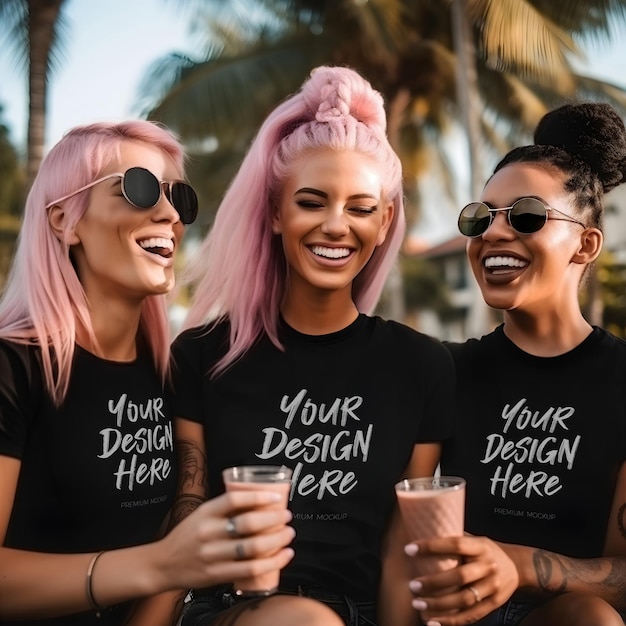 Outdoor Celebration Black TShirt Mockup with Group of Girls Sporting Matching Shirts