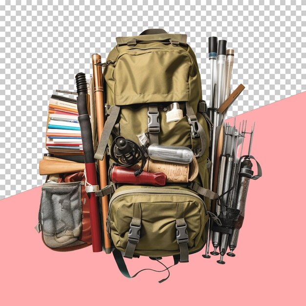 Outdoor essentials in a hiking backpack isolated object transparent background