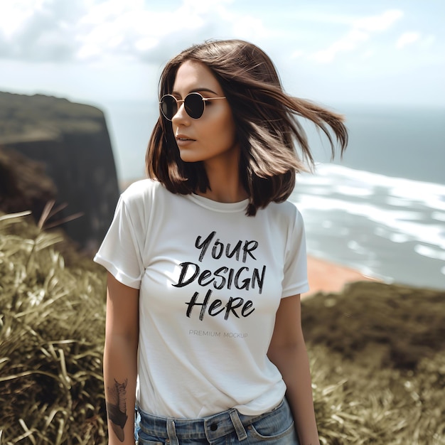 Outdoor Fashion Stylish White TShirt PSD Mockup with a Modern and Beautiful Brunette Woman