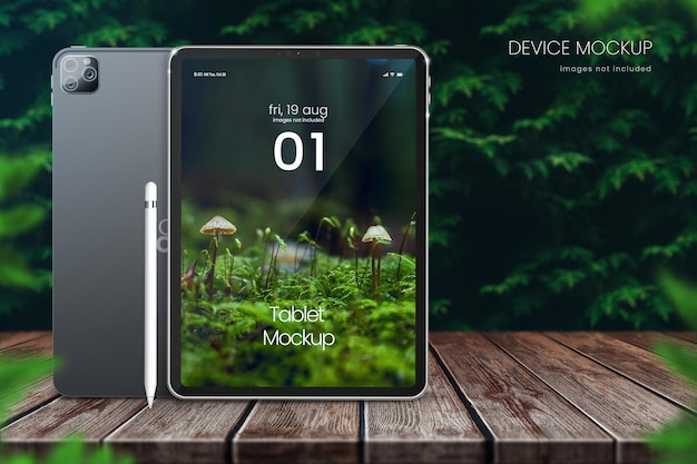 Outdoor ipad pro mockup with green leaves in background